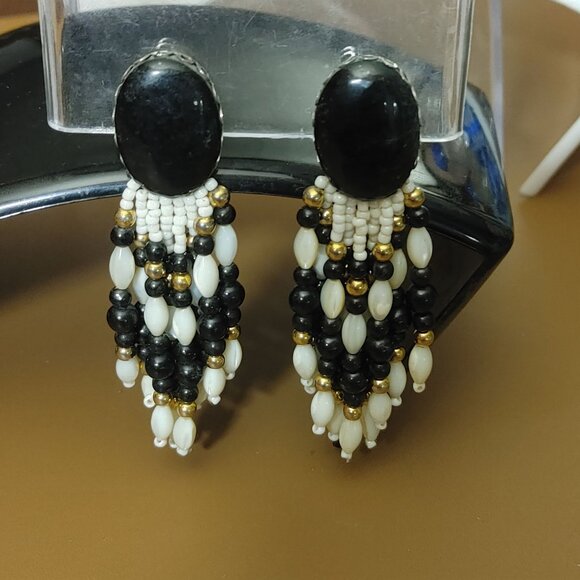 Vtg Clip On Earrings Southwestern Chandelier Stone Black MOP White Bead Dangle - Picture 9 of 11
